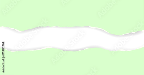 Green torn paper strip with rough ripped edges and soft shadow. Realistic vector horizontal banner design element for creative layouts, posters, or background templates.