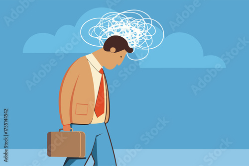 Dejected Businessman with Tangled Thoughts Cloud - Mental Health Concept