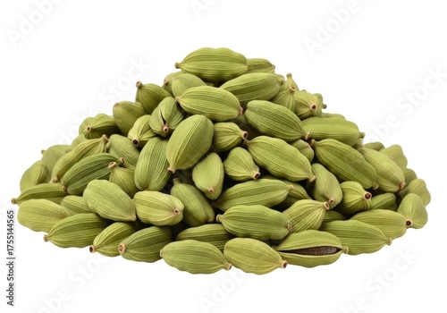Pile of green cardamom pods isolated on white background