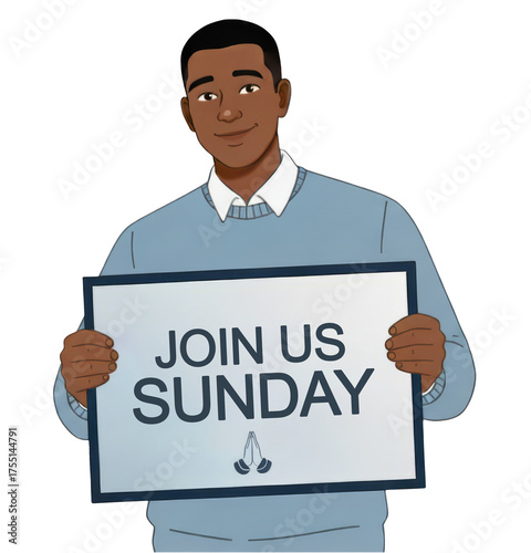 Join Us Sunday, African American pastor holding sign for online church invitation and worship announcement