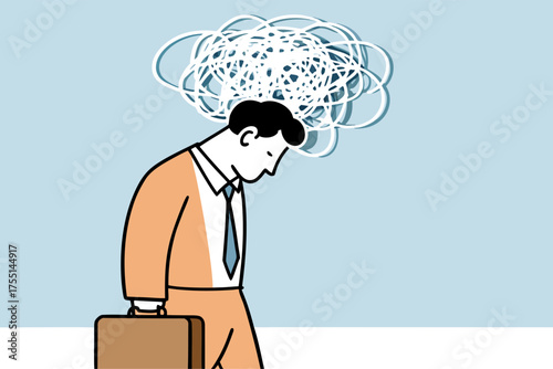 Dejected Businessman with Tangled Thoughts Cloud - Mental Health Concept