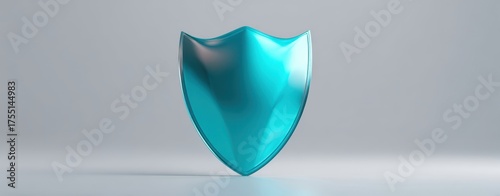 The shield in glossy turquoise blue floating over a minimal reflective studio background