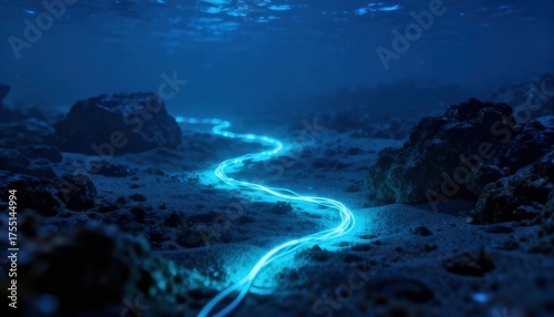A bright electric blue glowing line snakes across the dark, sandy, rocky ocean floor underwater.