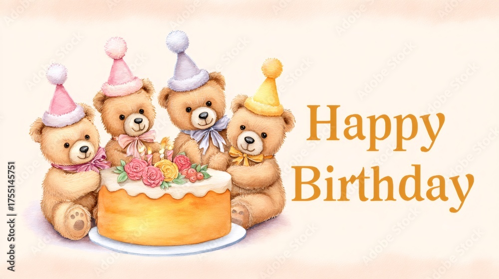 Obraz premium Teddy bears celebrating birthday with cake and party hats