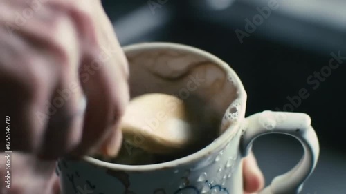 A person's hand stirs a warm, creamy beverage inside a rustic, handmade ceramic mug.