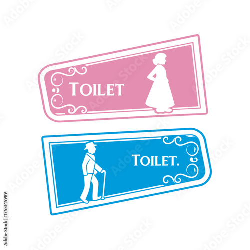Gendered toilet signs for public restrooms pink female blue male accessible facilities isolated on white background
