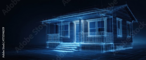 The House Wireframe Blueprint of a Futuristic 3D Architectural Digital Rendering in Blue