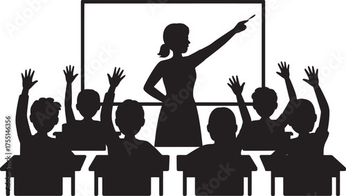 Female teacher at front of classroom pointing students raising hands at their desks silhouette