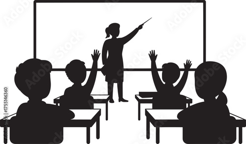 Female teacher pointing at blackboard students raising hands during lesson classroom silhouette