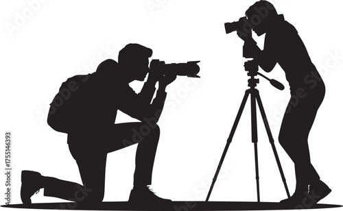 Professional Photographers Silhouettes with Camera and Tripod Ready for Outdoor Photo Shoot