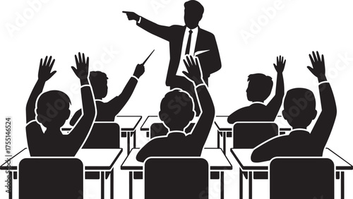 Teacher in classroom pointing students raising hands at their desks during lesson silhouette