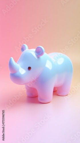 Cute ceramic rhino figurine on a colorful gradient background.