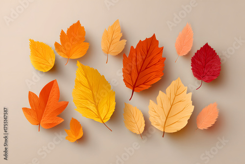 Vibrant autumn leaves in shades of red, orange, and yellow are beautifully laid out on a light background