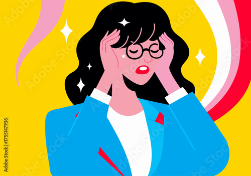 Stressed Businesswoman Holding Head in Hands on Vibrant Background