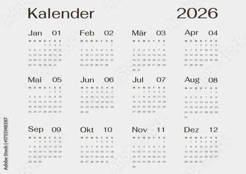Minimalist German 2026 calendar yearly template single horizontal page A4 grey design.Layout Deutsch Kalender Wall or Desk Jahresplaner
