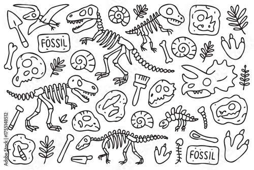 Black and white dinosaur fossils with archaeological tools and skeletons. Vector doodle illustration