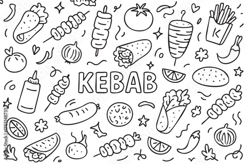 Doodle style kebab icons with ingredients and snacks in black and white. Vector doodle illustration