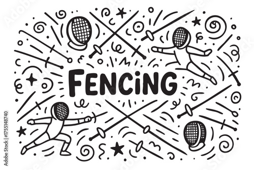 Dynamic fencing doodle with swords and athletes. Vector doodle illustration