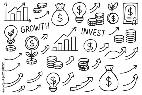 Doodle illustrations of investment and growth: money bags, graphs, and light bulbs. Vector doodle illustration