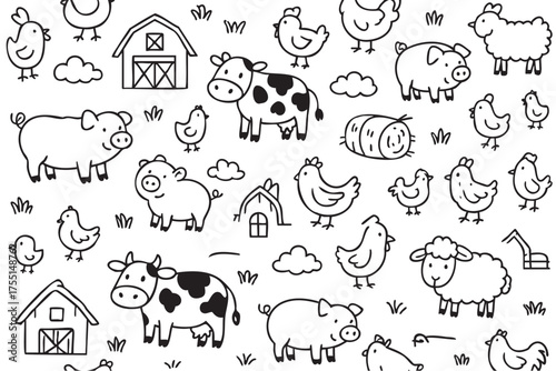 Farm animals and barns: cows, pigs, sheep, chickens, barns in black and white pattern. Vector doodle illustration
