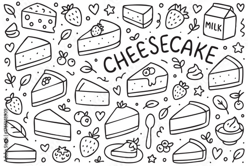 Hand-drawn cheesecake doodle pattern with strawberries and milk. Vector doodle illustration