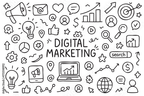 Hand-drawn digital marketing icons and doodles illustrating online concepts. Vector doodle illustration
