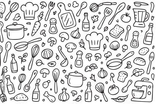 Hand-drawn kitchen utensils and food items pattern with cooking elements. Vector doodle illustration