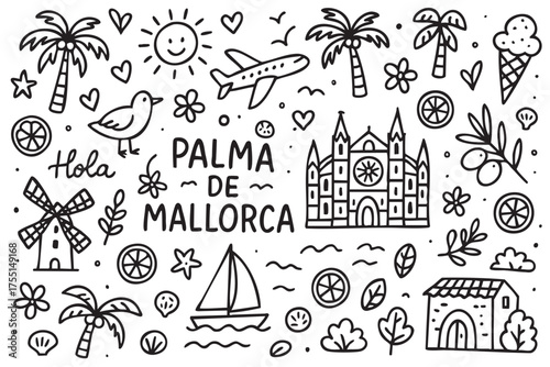 Palma de mallorca doodle design with iconic landmarks and fun travel elements. Vector doodle illustration