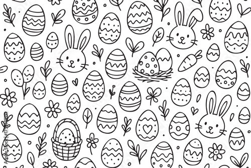 Playful easter patterns with bunnies and eggs for festive spring decor. Vector doodle illustration