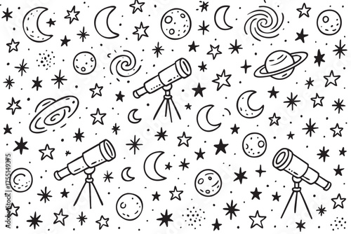 Seamless space pattern with telescopes, planets, stars, and moons in black and white. Vector doodle illustration