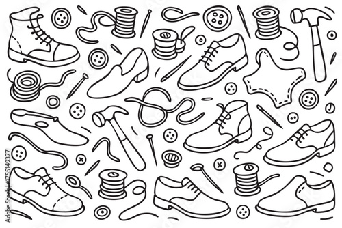 Shoe design tools and accessories doodle pattern with laces, leather, and buttons. Vector doodle illustration