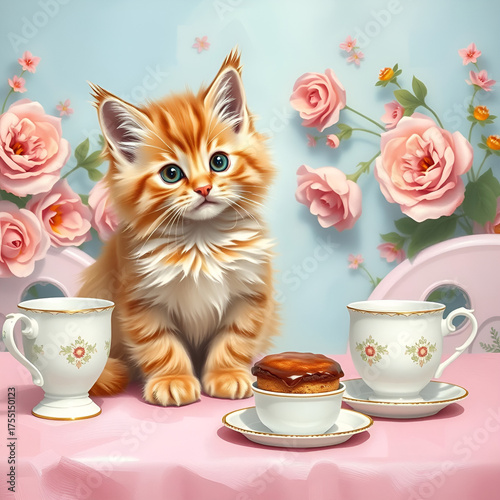 Kitten having a tea party