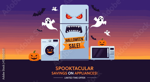 Halloween sale on home appliances with spooky refrigerator washing machine and pumpkins for seasonal savings