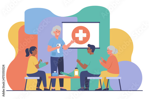 Nurse teaching first aid to diverse group Health education  medical training for community