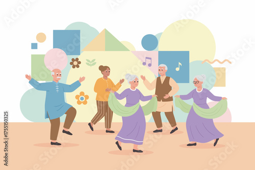 Happy diverse senior citizens dancing joyfully celebrating active aging and community