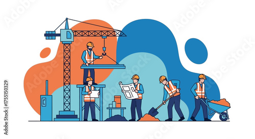 Construction workers with crane planning and building together Teamwork development progress concept
