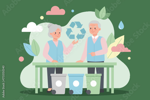Elderly couple teaches recycling promoting environmental care and sustainability with bins