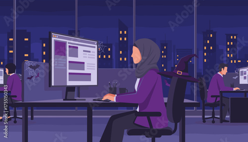 Diverse team working late in a festive Halloweendecorated office with city night view