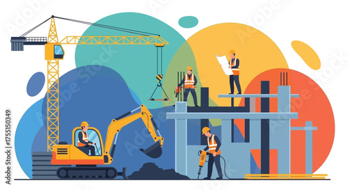 Construction workers building a structure with crane and excavator Development industry and teamwork