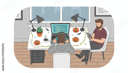 Remote developers working at a Halloweendecorated desk on a rainy autumn day