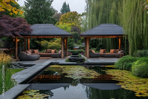 Luxury garden pavilions with lounge seating by reflective koi pond