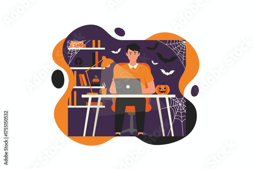 Festive remote work man uses laptop in Halloweenthemed office decorated with bats and pumpkins