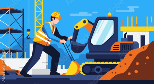 Dedicated construction worker with shovel at a busy building site with heavy machinery Industry progress development