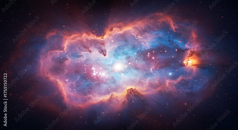 Fototapeta premium Colorful nebula in deep space with bright gases and stardust forming a stunning cosmic landscape, ultra-detailed and vibrant