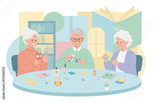 Happy seniors enjoying a crafting session making handmade toys and decorations together