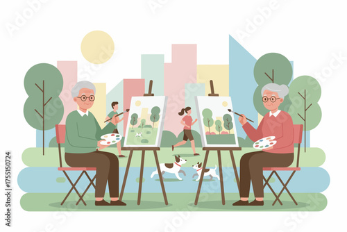 Senior couple enjoying painting in a vibrant city park Creative leisure active retirement