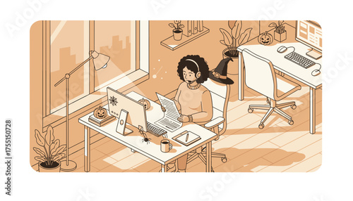 Woman in headset works in festive Halloweendecorated office Customer service seasonal business