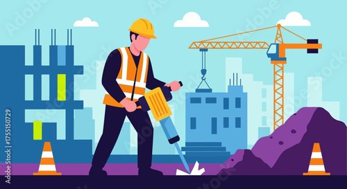 Worker with jackhammer at urban construction site Building development hard work and industry