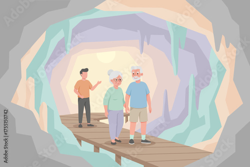 Happy senior couple exploring a vibrant cave with a guide on a wooden path Travel adventure