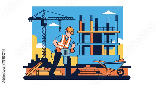 Construction worker uses jackhammer at building site with crane symbolizing development  labor